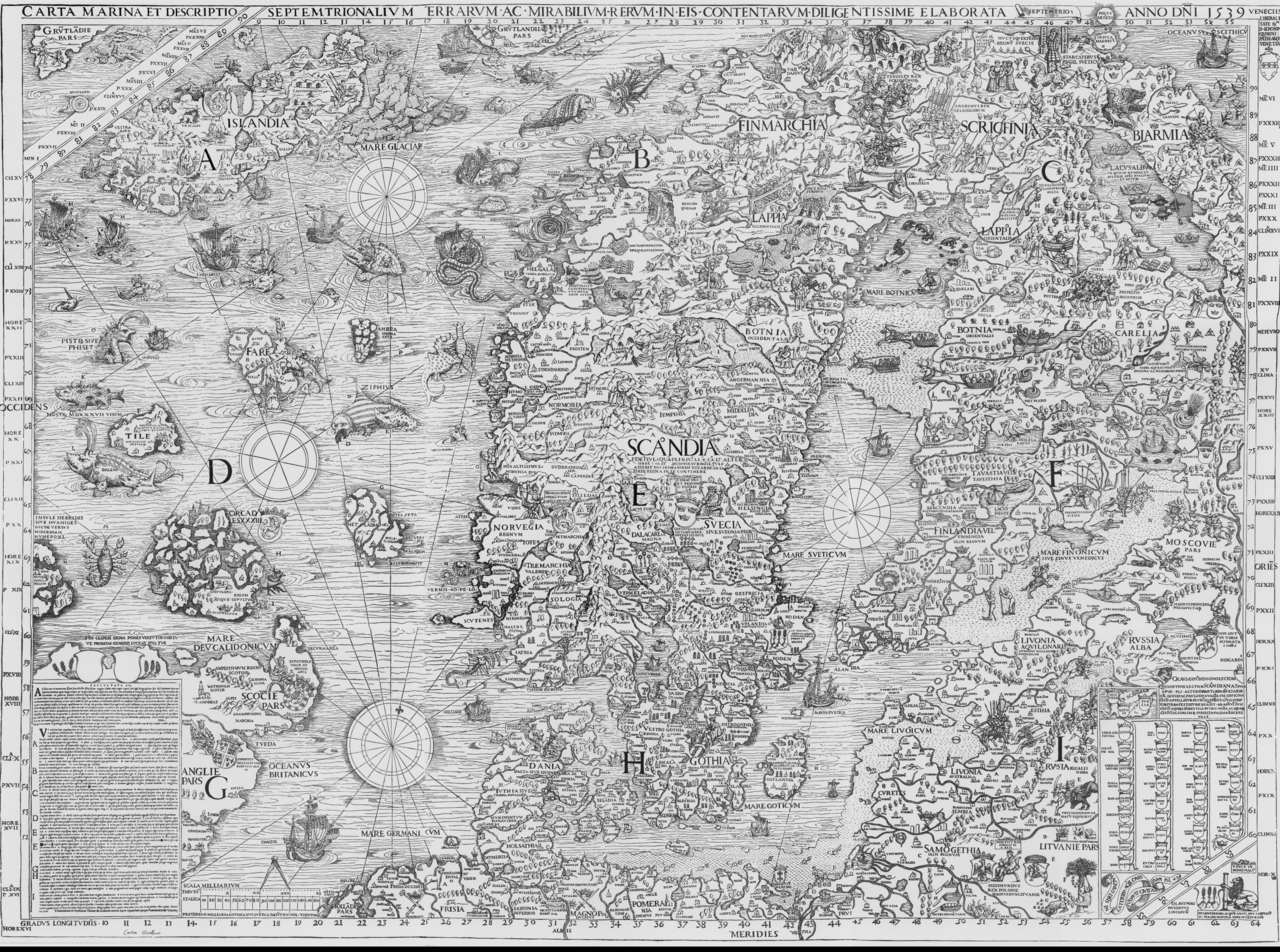 Carta Marina — the northern seas, with the monsters drawn exactly where the soundings stopped.