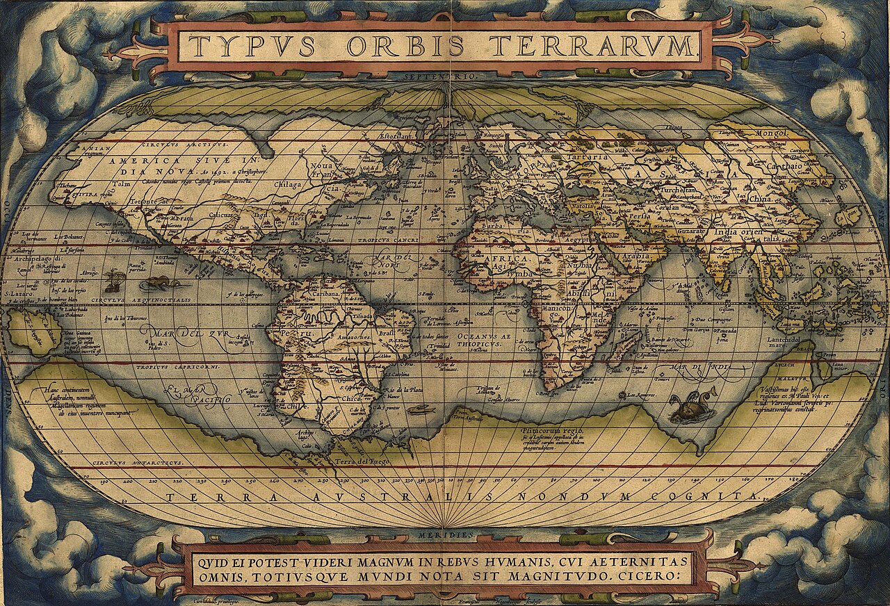 Typus Orbis Terrarum — the world as Ortelius engraved it, with a Terra Australis nobody had seen drawn across the whole southern edge.